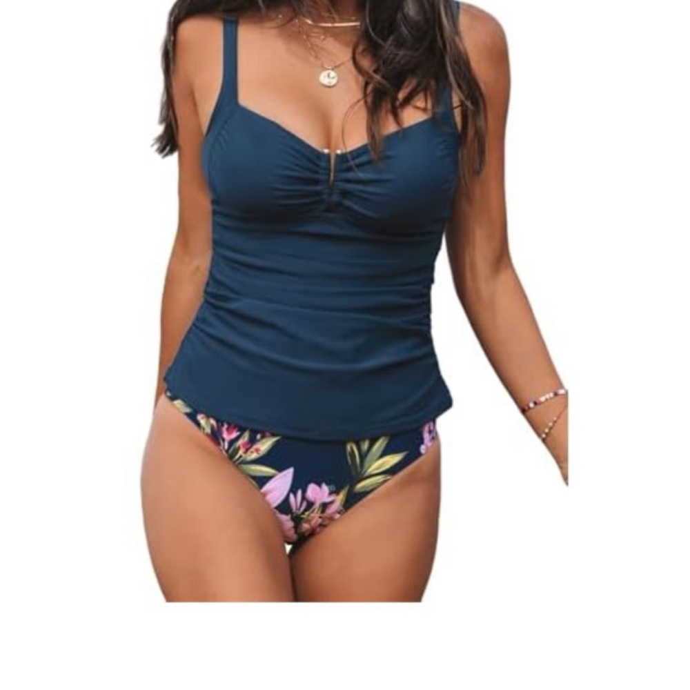 Cupshe Navy Blue Tankini with Floral Bottoms